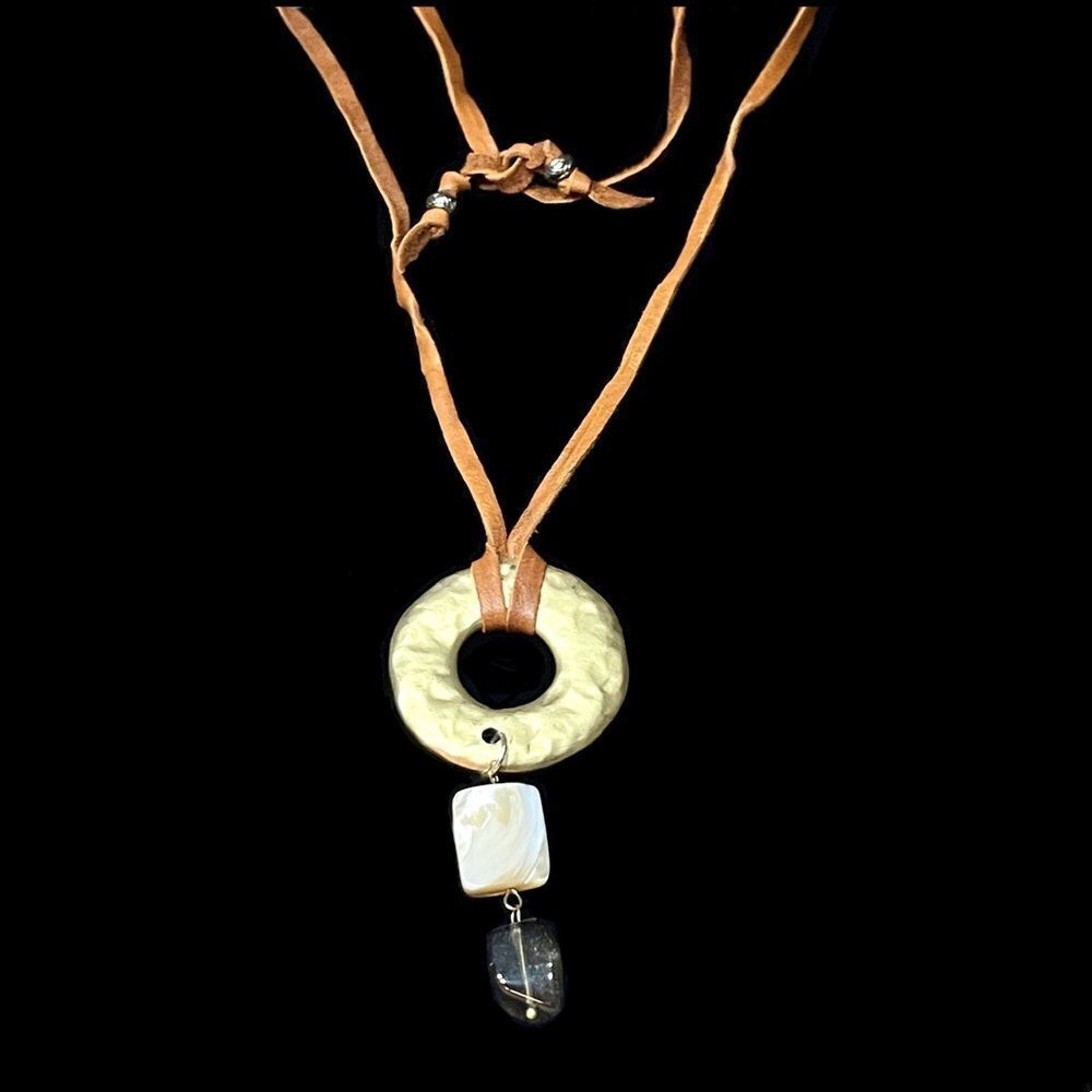 HANDCRAFTED Disc, Mother of Pearl, Smokey Topaz Necklace